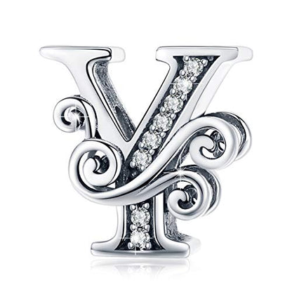 BISAER 925 Sterling Silver Initial Letter A-Z Charms for Bracelets Alphabet Beads Charm Jewelry Gifts - color: Letter Y