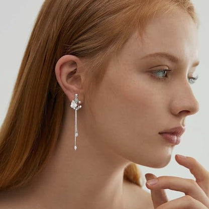 Awinesn Clip on Earrings Dangle Pearl Drop Clip Earrings for Women Trendy Dangle Chain Dainty Flower Wedding Earrings for Brides 14K Gold Plated Statement Non Pierced Earrings for Women Sparkly Jewelry - style: fugu-lanflower-s