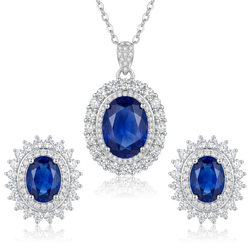 Cubic Zirconia Necklace and Earrings Set for Women 14K White Gold Plated Bridesmaid Silver Jewelry Set for Women Pendant Necklace Hypoallergenic Stud Earrings Set Jewellery Gift for Mom Wife Bride Bridesmaid - color: Sapphire Blue-Oval Shape