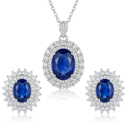 Cubic Zirconia Necklace and Earrings Set for Women 14K White Gold Plated Bridesmaid Silver Jewelry Set for Women Pendant Necklace Hypoallergenic Stud Earrings Set Jewellery Gift for Mom Wife Bride Bridesmaid - color: Sapphire Blue-Oval Shape