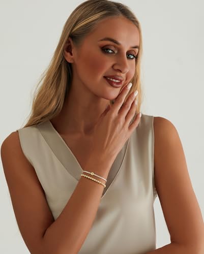 14K Gold Plated Bracelets for Women Dainty Tennis Initial Bracelet Trendy Beaded Stackable Charm Bracelets Layered Waterproof Bracelet Dainty Bracelet for Women Jewelry Gifts - style: B
