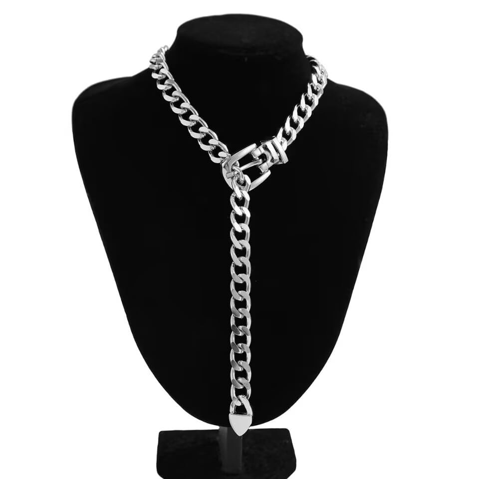 CJIAYUJEW Chunky Gold & Silver Cuban Chain Choker & Belt Necklaces for Women & Men - Punk Style Thick Link Belts - color: sliver long