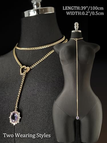 Women's Heart O-Ring Slip Chain Necklace, Double Layered Adjustable 39'' Cuban Chain with Detachable Heart Clasp and Colorful Rhinestone Pendant - color: 39'' Gold-Amethyst Purple
