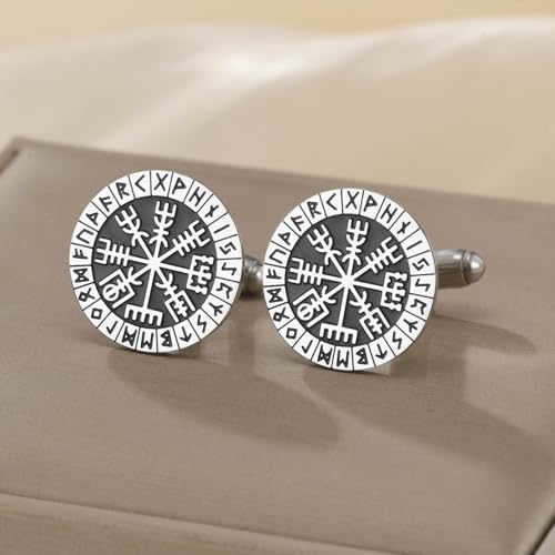 Mens Cufflinks, Norse Viking Tuxedo Cuff Links, Stainless Steel Viking Compass Vegvisir Rune Shirt Studs Mythology Jewelry Gift for Business Wedding - color: Compass-S