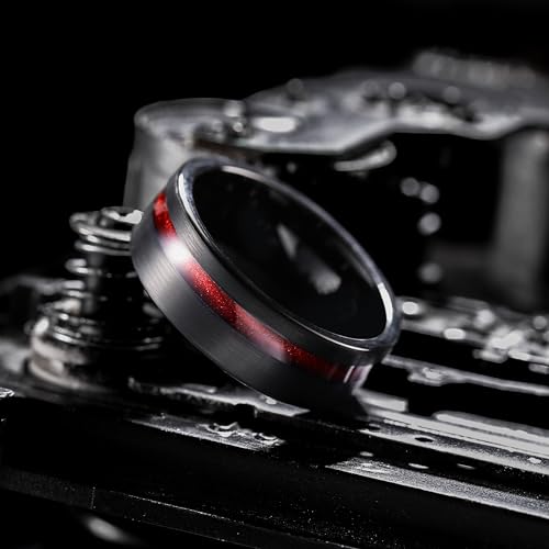 King Will Tungsten Rings for Men with Galaxy Shell Sand Meteorite Inlay | Black, 8mm, Brushed, Pipe Cut, Shell inlay, Everyday Wear - color: Black Red