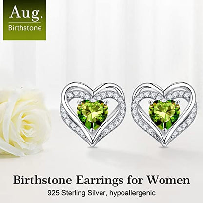Iefil Birthstone Earrings for Women - 925 Sterling Silver Heart Stud Earrings Birthday Gifts for Women - color: 08-Aug-Created Peridot