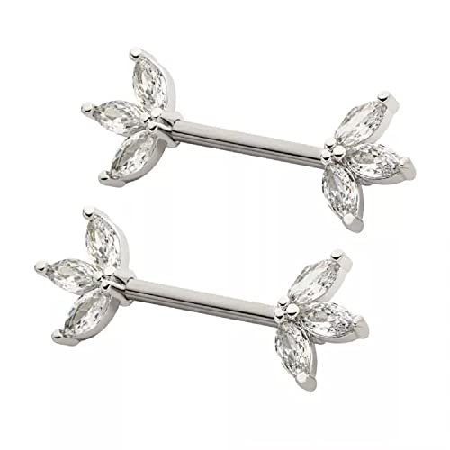 Pierced Owl 14GA 316L Stainless Steel Triple CZ Crystal Marquise Ends Nipple Barbells, Sold as a Pair - style: Silver Tone/Clear