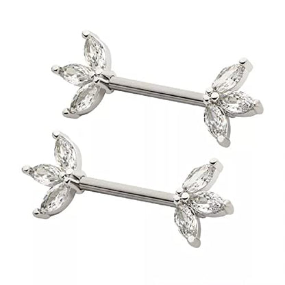 Pierced Owl 14GA 316L Stainless Steel Triple CZ Crystal Marquise Ends Nipple Barbells, Sold as a Pair - style: Silver Tone/Clear