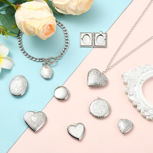 5-6Pcs Heart Locket Charms for Jewelry Making Stainless Steel Photo Charms for Necklaces Bracelets Earring Keychains DIY Supplies - color: Mixed Silver
