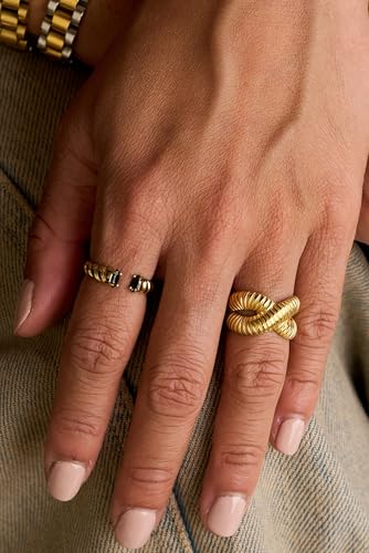Minimalist Textured Twist Chunky Statement Ring,Gold Plated Stainless Steel Open Ribbed Band Stackable Chic Style Ring for Women - style: Style F