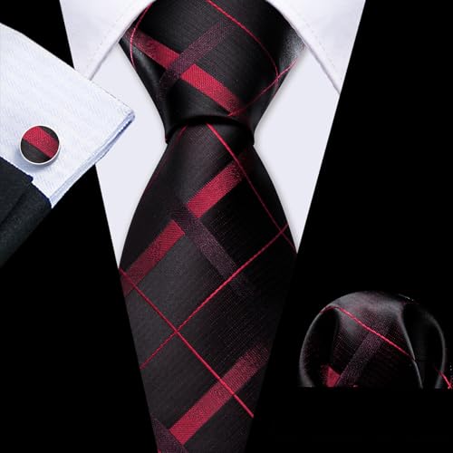 YOHOWA Men Plaid/Striped Ties Clip Set Silk Necktie Pocket Square Cufflinks | Woven Classic,Formal/Casual Mens Tie,Pocket Square Cufflinks Set,Luxury,Business,Wedding,Party,Prom,Graduation - color: Black Red