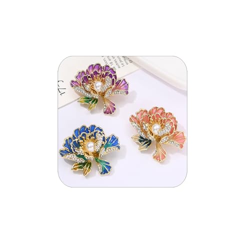 3Pcs Peony Flower Brooch Pin for Women Elegant Enamel Floral Brooch Set Dainty Cubic Zircon Pearl Lapel Pins Flower Pins for Clothes Hat Dress Accessories Prom Jewelry - color: Colourful-A