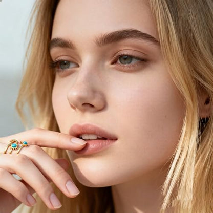 Todenb Turquoise Ring for Women，Gold Western Turquoise Open Ring Boho Stainless Steel Moon and Star Band Wrap Knuckle Rings Western Country Fashion Jewelry Accessories - color: two circle