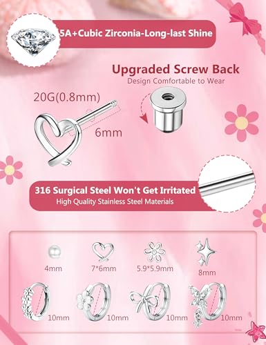 ORAZIO Hypoallergenic Earrings for Girls Women Kids Surgical Stainless Steel Screw Back Bow Heart Flower Stud Hoop Toddler Kids Earrings for Girls Sensitive Ears Over 4 Years Old - color: 8Pairs-silver girls earrings