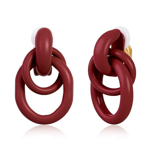 Gold Geometric Clip On Earrings for Women Chunky Gold Knot Link Clip Earrings Trendy Jewelry - color: Wine Red