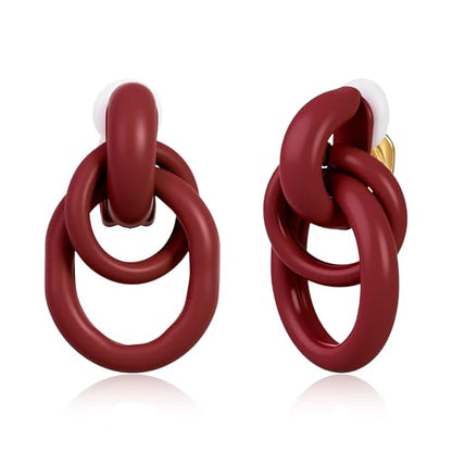 Gold Geometric Clip On Earrings for Women Chunky Gold Knot Link Clip Earrings Trendy Jewelry - color: Wine Red