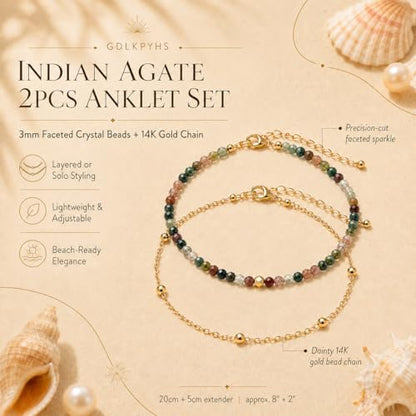 2Pcs Beaded Anklets for Women, Natural Stone Bead Ankle Bracelets with 14K Gold Plated Chain, Waterproof Adjustable Layered Anklet Set, Boho Beach Summer Jewelry Gift - color: Indian Agate