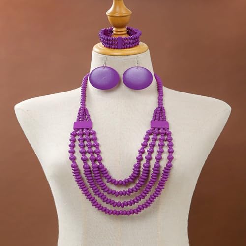 Colorful Ethnic Wooden Earrings Round Statement Dangle Earrings Multilayered Geometric Beaded Bracelet Necklace Set for Women Exaggerated Tribal Jewelry - color: Purple