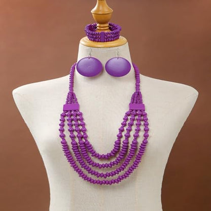 Colorful Ethnic Wooden Earrings Round Statement Dangle Earrings Multilayered Geometric Beaded Bracelet Necklace Set for Women Exaggerated Tribal Jewelry - color: Purple