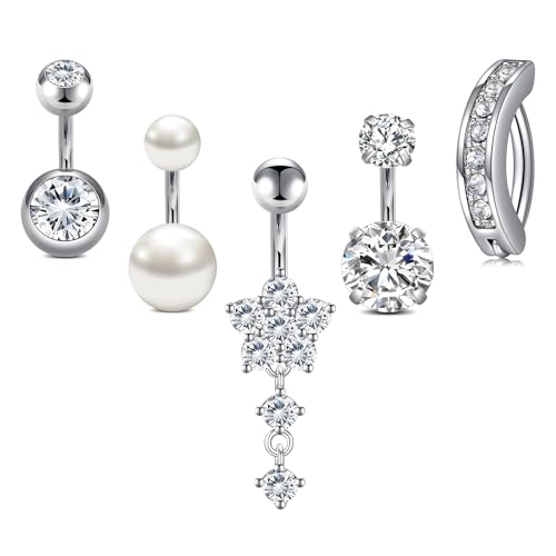 Longita Belly Button Rings Short Bar for Women Stainless Steel Belly Ring Navel Piercing Jewelry 14g Colorful Ball Pack 6mm 1/4” 8mm 5/16“ 10mm - color: C1-5pcs-short silver