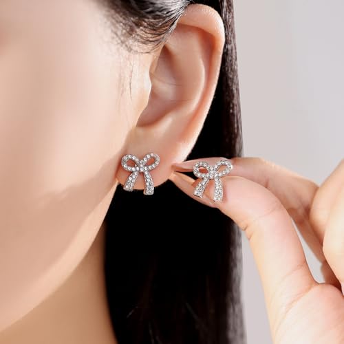 Gold Bow Earrings for Women, Long Tassel Chain Drop Earrings, Trendy Small Bow Earrings, Ribbon Waterfall Dangling Earrings, Pearl Bow Earrings, Sparkly Elegant Bowknot Preppy Jewelry Gifts for Women - color: Bow Silver-I