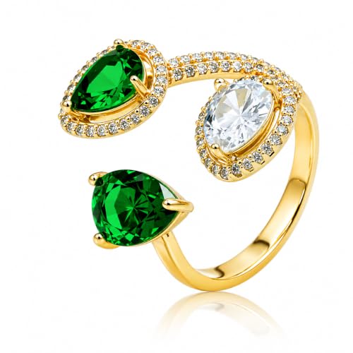 Aura & Irena 18K Gold Plated Pear-Shaped Cocktail Rings for Women, Non-Tarnish Adjustable Statement Ring with 3A Cubic Zirconia, Gift for Family Friend - color: Green