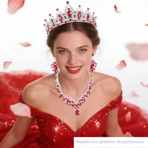 Kamirola Bridal Wedding Tiara Crown Jewelry Set for Women/Brides/Bridesmaids Crystal Jewelry Set for Wedding Prom Party Bridal Crystal Necklace Earrings Bracelet Set(TR60) - color: Silver Red