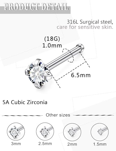 18G 20G 14K Gold Filled Nose Rings Studs Piercing Jewelry For Women Men 316L Surgical Steel Round Square Cubic Zirconia Nose Rings Studs Nostrial Piercing Jewelry CZ 1.5mm 2mm 2.5mm 3mm - color: Silver, size: 18 Gauge-Straight-Round CZ