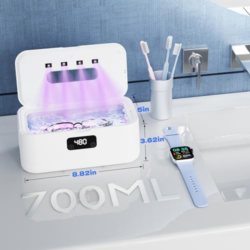 Ultrasonic Jewelry Cleaner, 50Khz Jewelry Cleaner Ultrasonic Machine for Jewelry, Eyeglasses, Rings, Watch Strap, Dentures, 24oz - 304 Stainless Steel Tank, Digital Timer, 5 Cleaning Modes - color: White