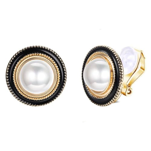 Simulated Pearl Clip On Stud Earrings - style: Black Enamel Surrounded Pearls