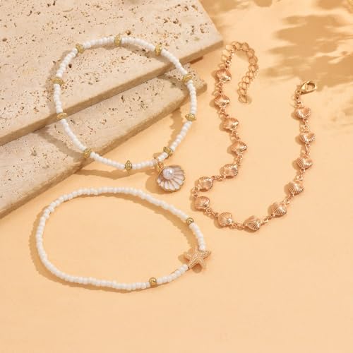 Gold Shell Ankle Bracelets for Women Adjustable Boho Beach Jewelry Set With Starfish Conch Pearl Bead Summer Vacation Foot Accessories Gifts for Travel - color: Gold-C