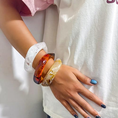 2PCS Chunky Acrylic Bracelet for Women Large Square Resin Cuff Vintage Open Bangle Bracelets Wide Geometric Jewelry - style: 3PCS-white+red+yellow