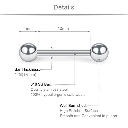 SCERRING 14G Nipple Rings 316L Stainless Steel Externally Threaded Nipplerings Tongue Bar Barbell Rings Piercing Retainer For Women Men - style: 12PCS - 1/2" (12mm)