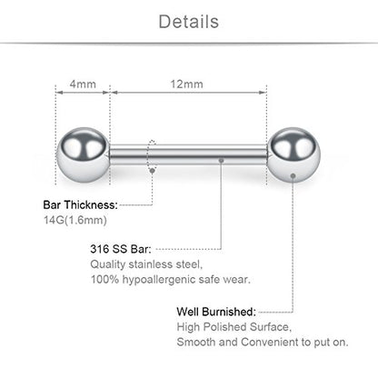 SCERRING 14G Nipple Rings 316L Stainless Steel Externally Threaded Nipplerings Tongue Bar Barbell Rings Piercing Retainer For Women Men - style: 12PCS - 1/2" (12mm)