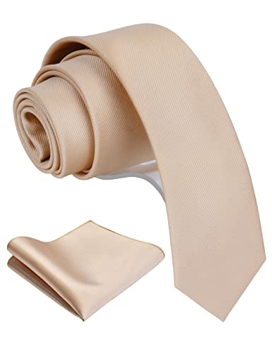 GUSLESON 2.4" Slim Necktie and Handkerchief Set For Men Solid Skinny Tie Set - color: Champagne