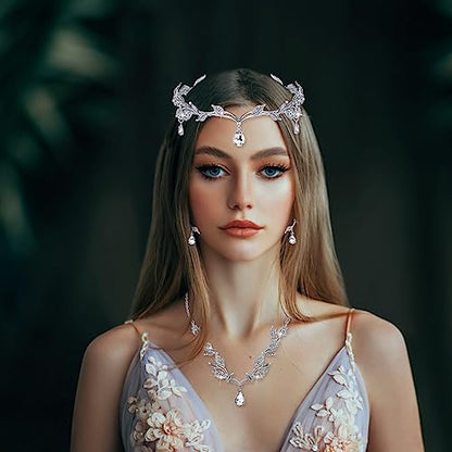 Wedding Jewelry Set for Women, Rhinestone Leaf Tiara Headband Crown Necklace Earrings Bracelet for Women - color: Silver
