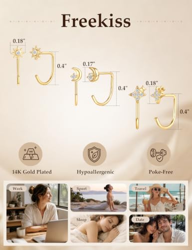 Freekiss 3 Pairs Backless Half Hoop Earrings Set for Women | 14K Gold Plated CZ Stay Close Hoop Earrings, Hypoallergenic Huggie Stackable Earring for Everyday & Sleep Wear Jewelry Gift - color: Celestial Moon Star-GD