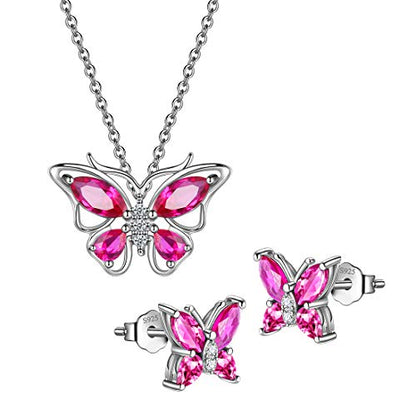 925 Sterling Silver Birthstone Butterfly Jewelry Women Crystal Animal Cute Butterflies Birthday Necklace/Earring/Ring/Bracelet Sets Birth Stone Statement Anniversary Jewellery - color: 1-G.July-Ruby