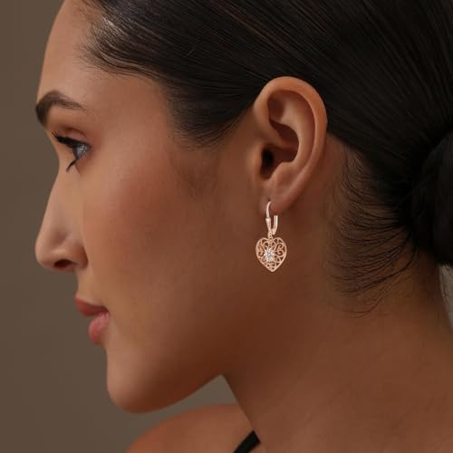 LeCalla 925 Sterling Silver Leverback Drop Earrings | Lightweight Italian Teardrop Dangle Earring for Women - color: Filigree Heart