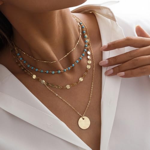 Boho Necklaces for Women Layered Turquoise Beaded Choker Necklace Western Jewelry for Women Sequin Coin Necklace Country Necklace Bohemian Boho Jewelry for Women Western Necklaces Summer Beach Necklace - style: Style B