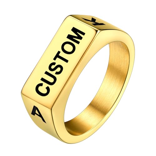 Bestyle Stainless Steel Signet Ring for Men Women in Gold/Black/Silver/Vintage Gray Tone, Chunky Thick Heavy Dome Band Ring Cool Finger Ring, Gift for Dad Husband, Size 7-14 Customizable - color: 02.Gold-Rectangle-Custom