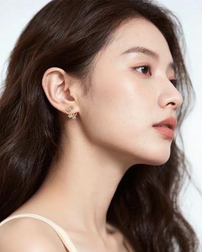 14K Gold Plated Leaf Earrings for Women, Colorful Marquise Cubic Zirconia Floral Studs, Hypoallergenic Botanical Ear Crawler Earrings for Spring