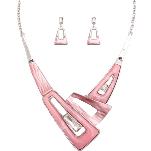 SFE Irregular Enamel Triangle Shape shell Collar Bib Bohemian Boho Statement Necklace Earrings Fashion Costume Jewelry Set for Women - color: Light Pink-Platinum Plated