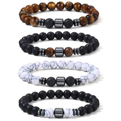 Giovanchi 4-12PCS Bracelets for Men, 8MM Mens Bracelets Lava Rock Black Obsidian Howlite Tiger Eye Beaded Natural Stone Bracelet Jewelry Gifts for Birthday Christmas - style: 4Pcs B