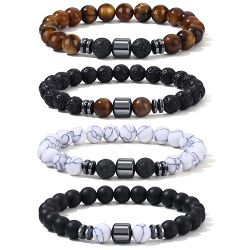 Giovanchi 4-12PCS Bracelets for Men, 8MM Mens Bracelets Lava Rock Black Obsidian Howlite Tiger Eye Beaded Natural Stone Bracelet Jewelry Gifts for Birthday Christmas - style: 4Pcs B