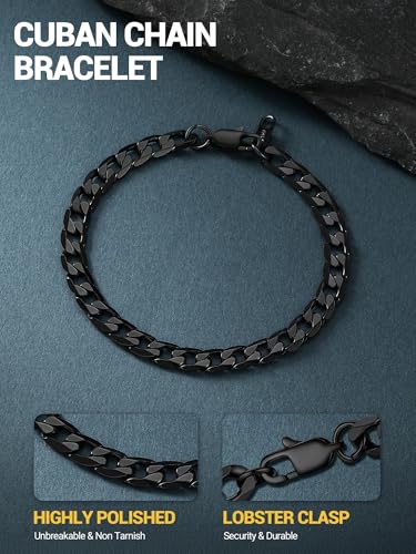 PROSTEEL Bracelets for Men, Figaro/Cuban Mens Bracelet, Silver/Gold/Black | 6/9/13mm Width, 7.5/8.3/9" Length, Stainless Steel Mens Bracelet, Durable & Non Tarnish, Chunky Jewelry with Gift Box - style: E 6mm-Cuban-Black