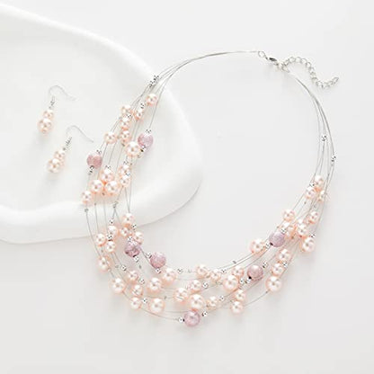 FULU AUTUMN Layered Pearl Necklace Multi-strand Pearl Choker Necklaces for Women Beaded jewelry for Wedding Parties - color: 37-Pink