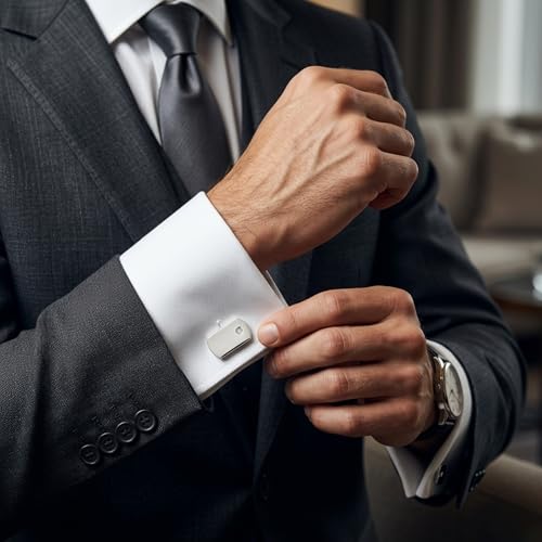 Men’s Stainless Steel Satin Diamond Rectangle Cuff Links with Bullet Back Closure, Hand-Set Conflict Free Diamond Rounded Cufflinks, Hypoallergenic 316L Polished Formal Jewelry Gift for Men