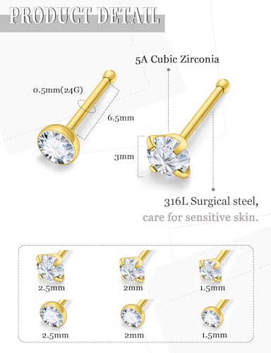 18G 20G 22G Round Cubic Zirconia Nose Rings Studs for Women Men 316L Stainless Surgical Steel Nose Ring Stud Piercing Jewelry Silver Gold Clear CZ 1.5mm 2mm 2.5mm 3mm - style: 24G (Thin) Straight Gold