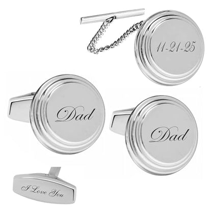 Personalized Silver Beveled Circle Cufflinks & Tie Pin Set Engraved Free - Custom Monogram Tie Tack - Gift For Him -Groomsman Gift, Free Engraving - Ships from USA